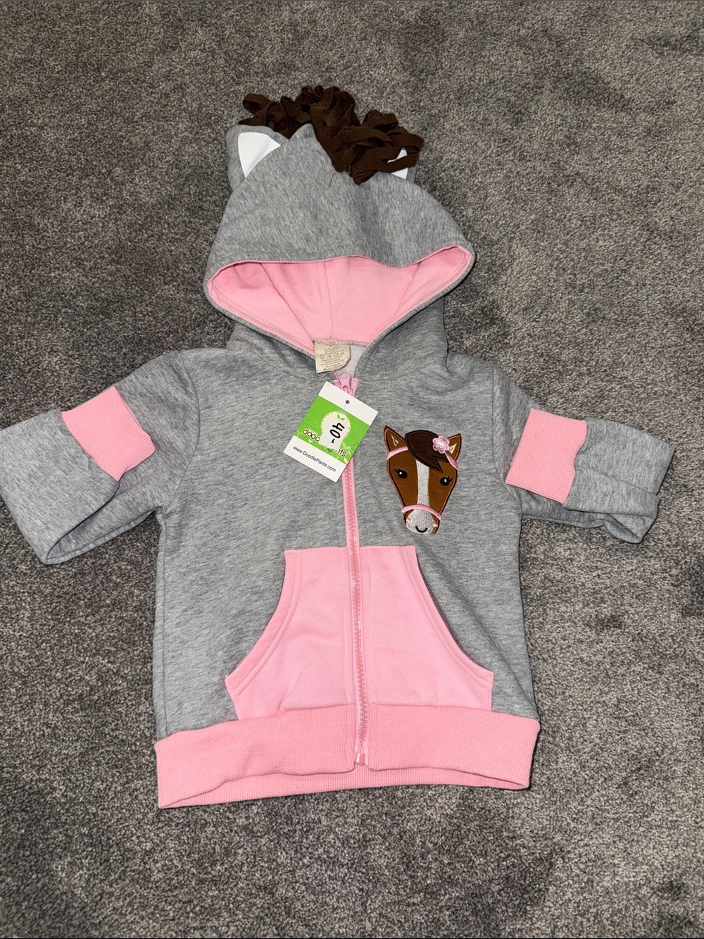 Doodle Pants Grey and Pink Hooded Zip Sweatshirt with Horse Applique